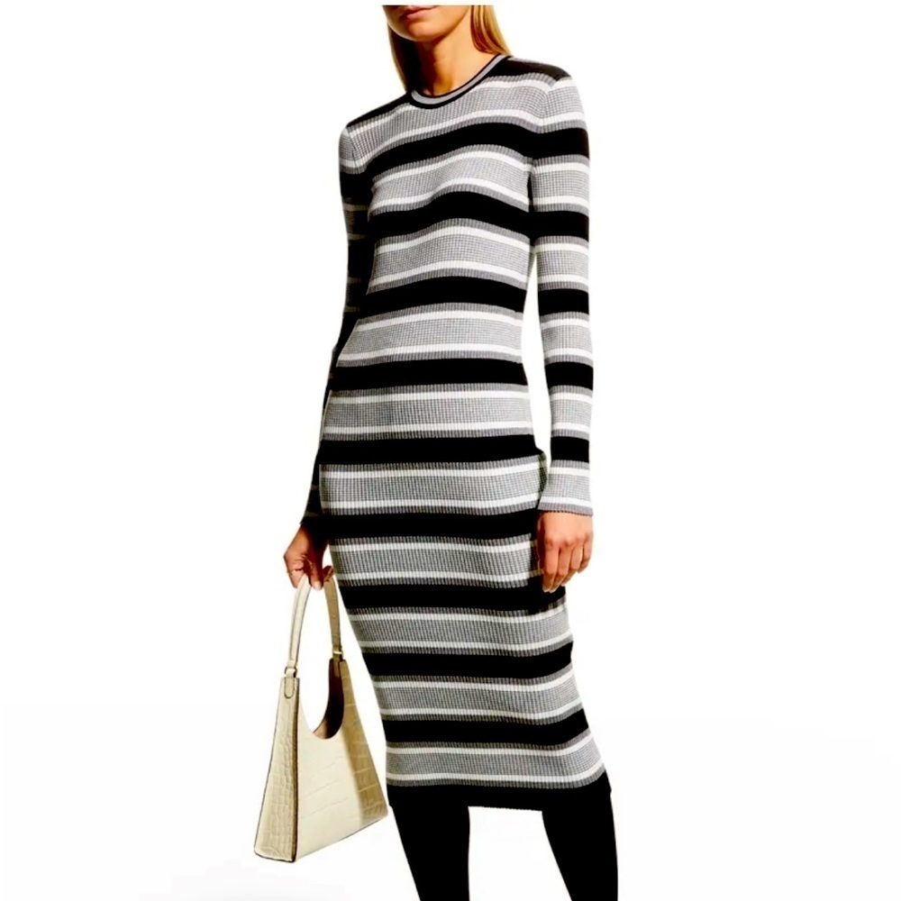 Theory | Empire Wool Stripe Ribbed Midi Dress Ivory, Black, Gray S